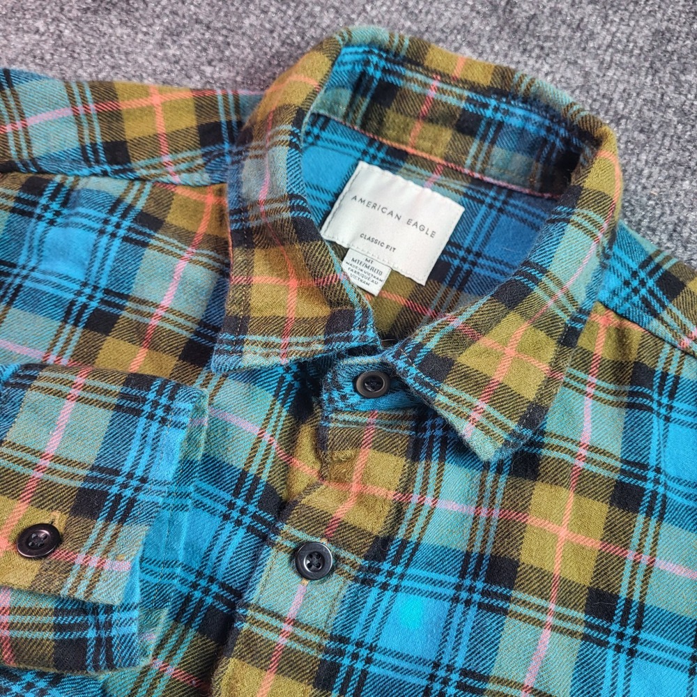American Eagle Mens Medium Tall MT Blue Olive Plaid Flannel Shirt Classic Fit